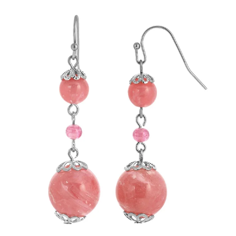 ladies earrings with diamond studs -1928 Jewelry Pink Coral Smooth Bead Dangle Earrings