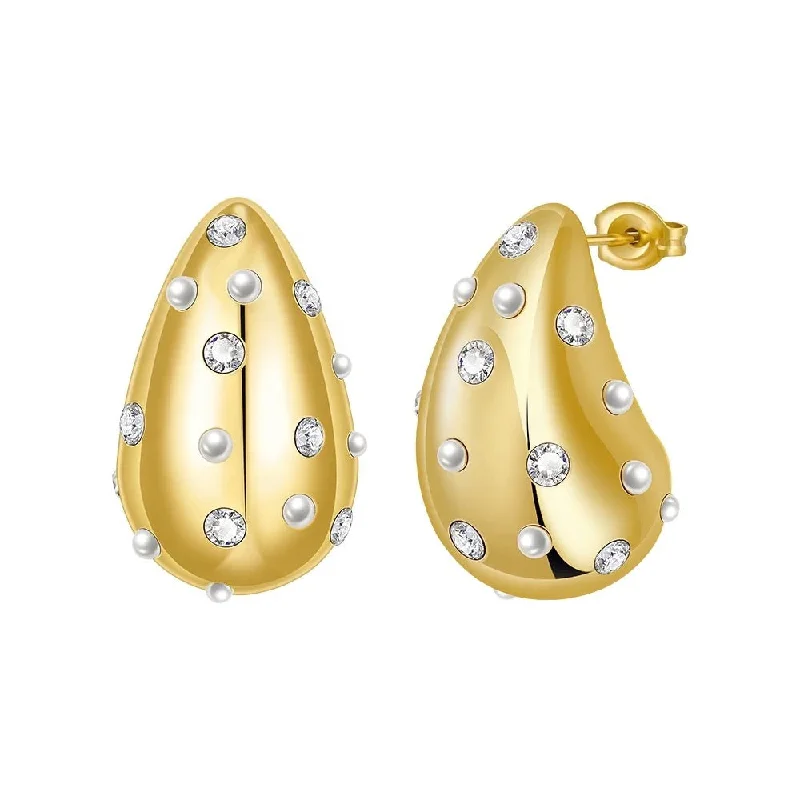 ladies earrings gold hoop design -Raindrop CZ Pearl Earrings