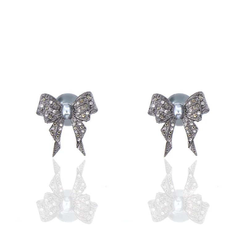 ladies earrings white gold shine -Diamonique Bow Double Studs - Gray