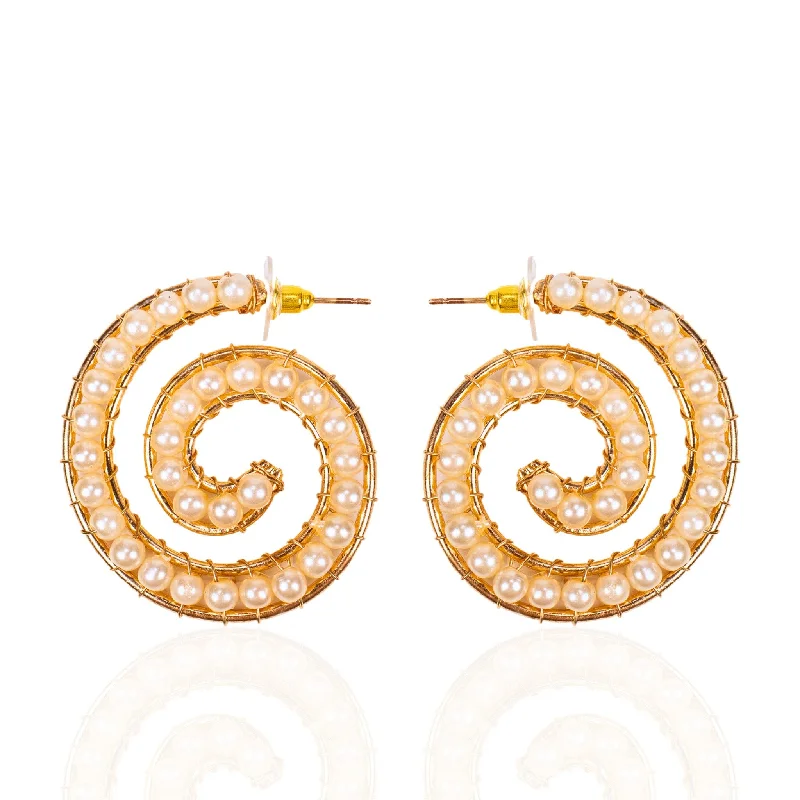 ladies earrings with pearl drops -Lora Pearl Spiral Hoops - Gold