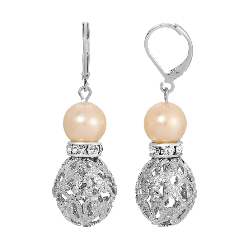 ladies earrings clip on design -1928 Jewelry Rosabella Light Peach Faux Pearl Filigree Puff Bead Drop Earrings