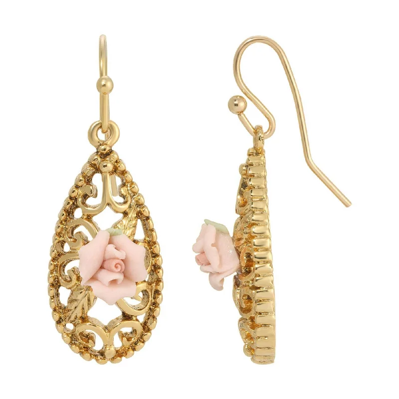 ladies earrings gold hoop design -1928 Jewelry Teardrop Filigree Pink Porcelain Rose Drop Earrings