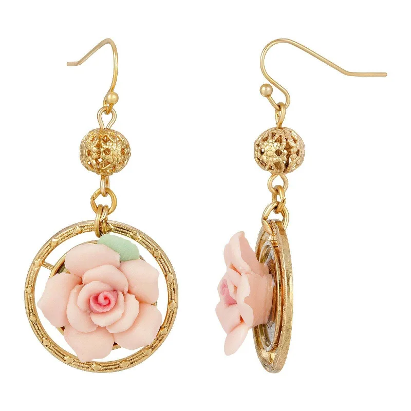 ladies earrings delicate dangle -1928 Jewelry Porcelain Rose Filigree Bead Drop Earrings