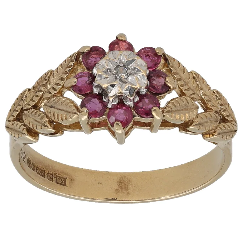 ladies engagement rings yellow citrine warmth -9ct Gold Ruby & 0.01ct Diamond Cluster Ring Size O