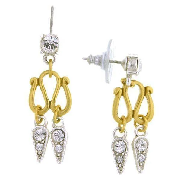 ladies earrings dainty charm -Antiquities Couture Two Tone Crystal 2 Drop Post Earrings