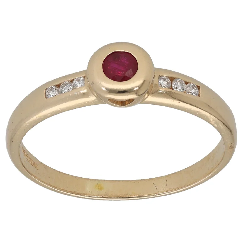 ladies engagement rings floral inspired -14ct Gold Ruby & 0.06ct Diamond Single Stone Ring with Accent Stones Size S