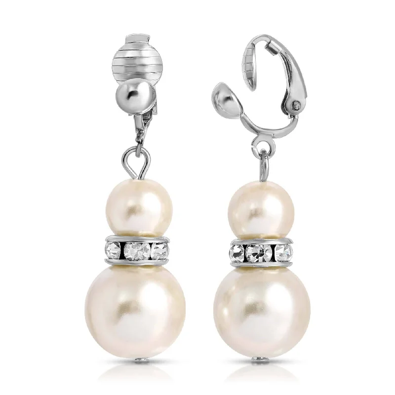 ladies earrings luxury brand -1928 Jewelry White Double Drop Faux Pearl Clip On Earrings