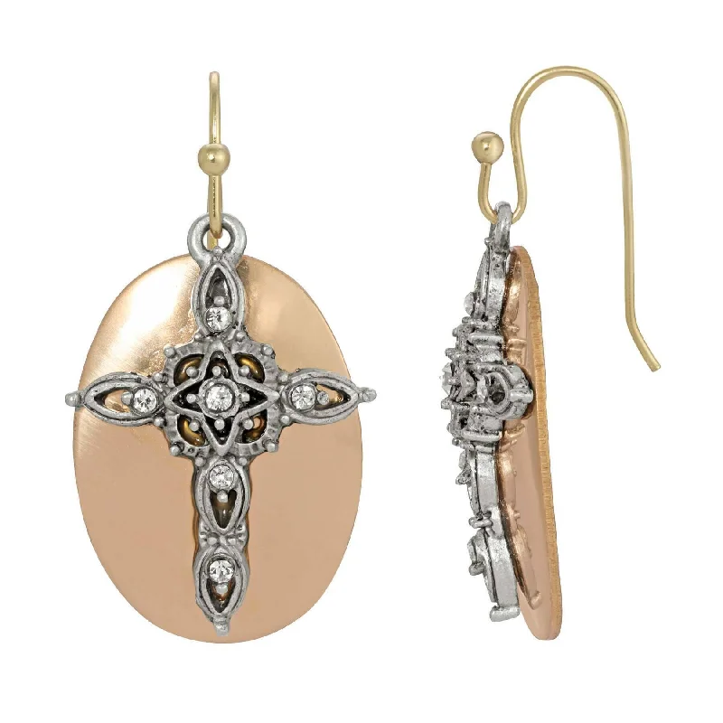 ladies earrings with zircon shine -1928 Jewelry Oval Disk Cross & Crystal Drop Earrings