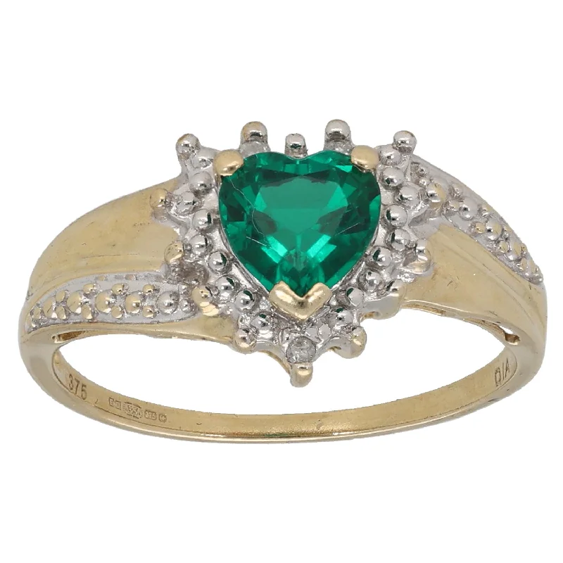 ladies engagement rings with pearl detail -9ct Gold 0.015ct Diamond & Man Made Emerald Dress/Cocktail Ring Size M