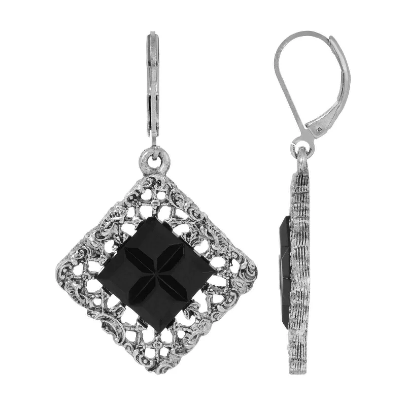 ladies earrings silver drop style -1928 Jewelry Belladonna Black Glass Stone Filigree Drop Earrings