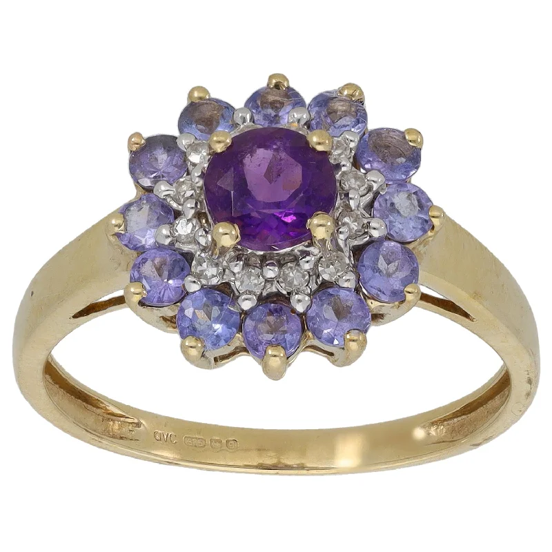 ladies engagement rings with halo setting -9ct Gold 0.12ct Diamond & Amethyst & Tanzanite Dress/Cocktail Ring Size P