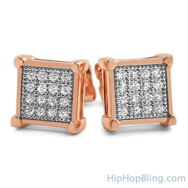 ladies earrings tiny stud size -Box CZ Micro Pave Rose Gold Bling Bling Earrings