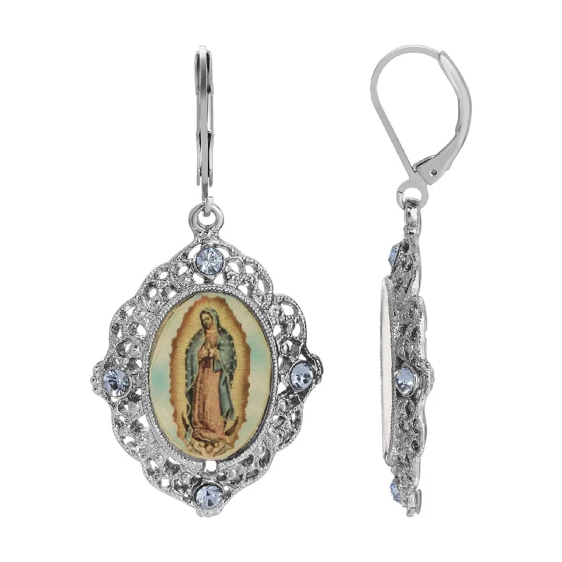 ladies earrings for trendy women -Symbols Of Faith Light Sapphire Blue Crystal Our Lady Of Guadalupe Drop Earrings