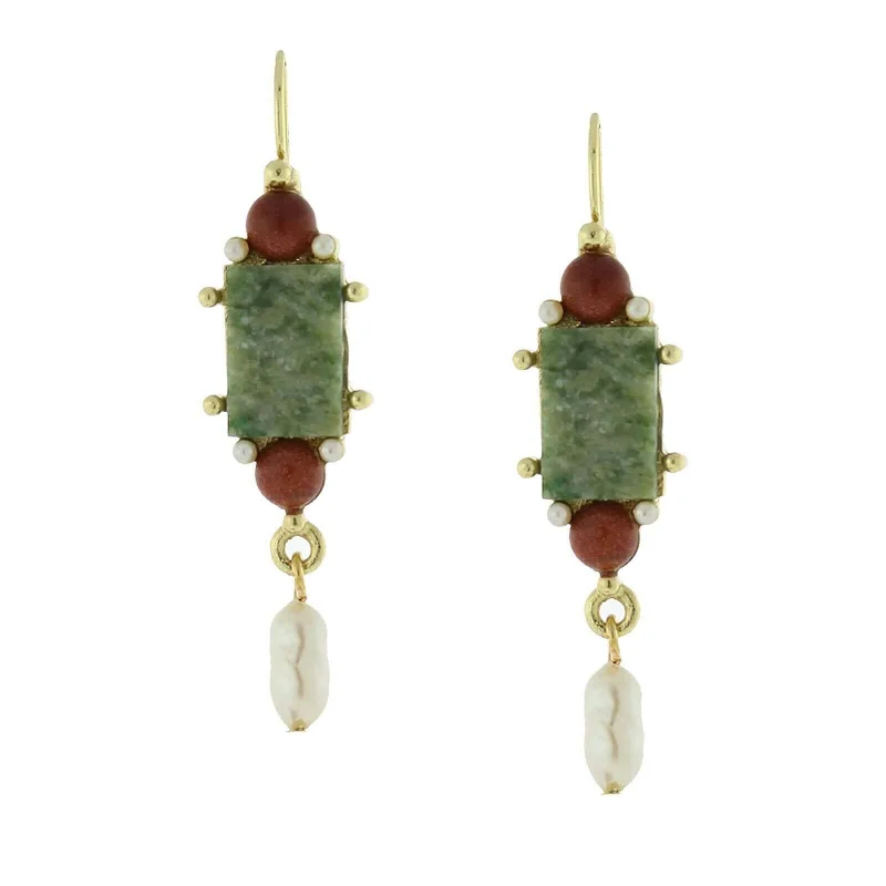 ladies earrings with ruby red -Antiquities Couture Roma Green Aventurine Gemstone Faux Pearl Museum Drop Earrings