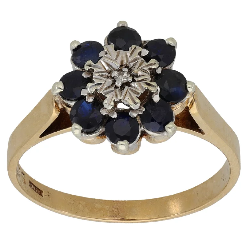 ladies engagement rings oval shaped ring -9ct Gold Sapphire & 0.01ct Diamond Cluster Ring Size P