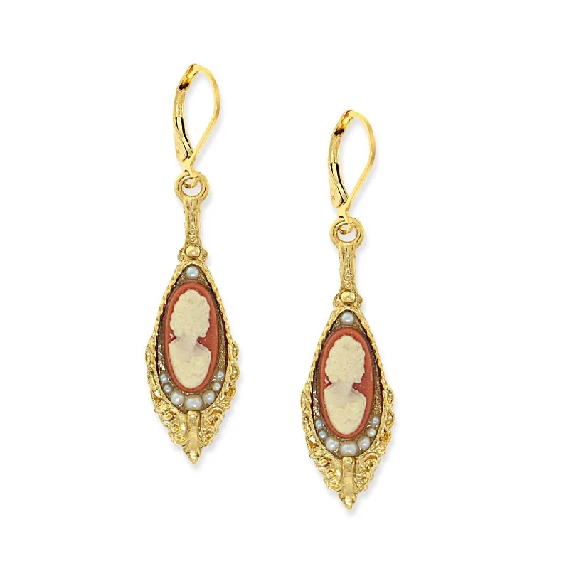 ladies earrings for vintage lovers -1928 Jewelry Faux Pearl Carnelian Cameo Chandelier Teardrop Earrings