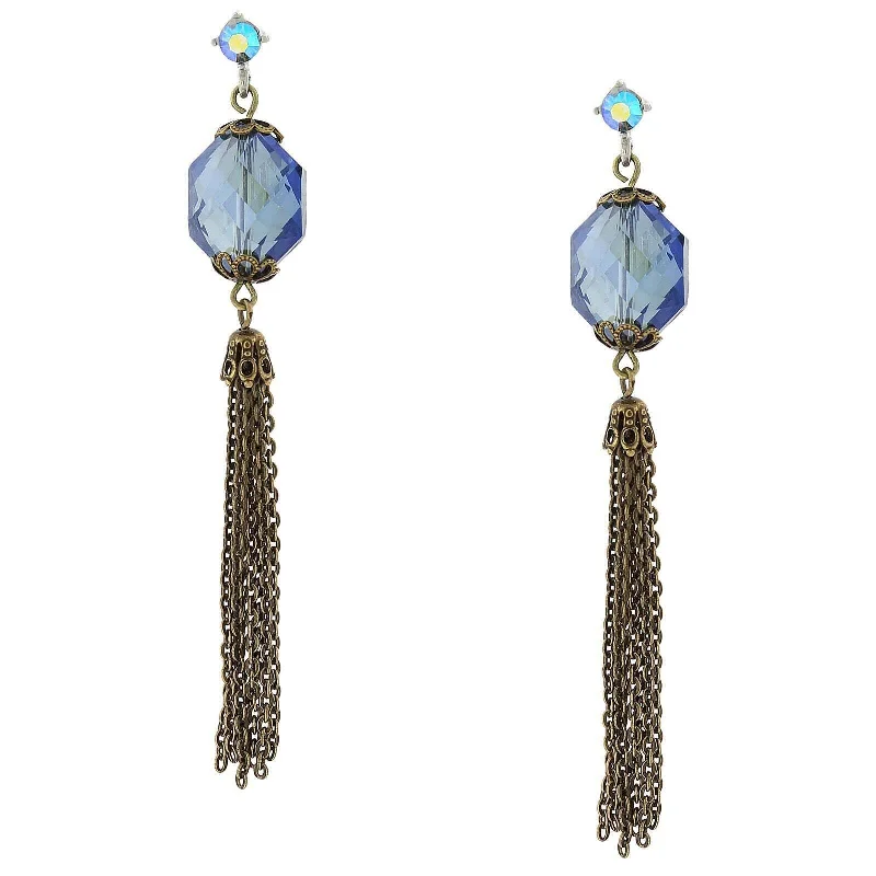 ladies earrings modern sleek -2028 Jewelry Burnished Brass Blue Ab Crystal Linear Tassel Earrings