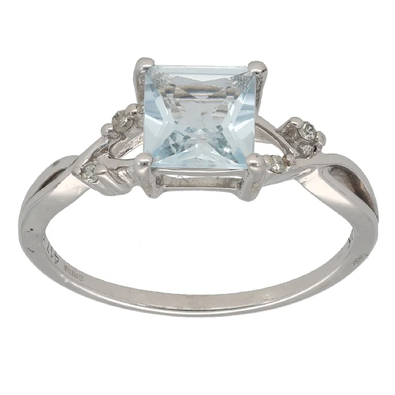 ladies engagement rings teal turquoise flair -9ct White Gold Aquamarine & 0.02ct Diamond Dress/Cocktail Ring Size N