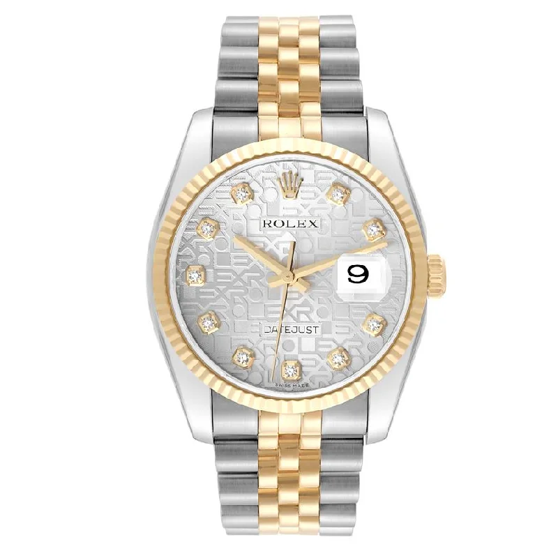 ladies engagement rings with birthstone -Men's Rolex DateJust 36mm Two Tone 18K Yellow Gold / Stainless Steel Watch with Silver Diamond Dial and Fluted Bezel. (Pre-Owned 116233)