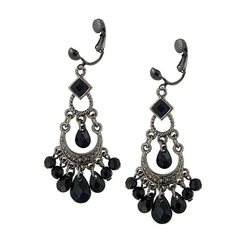 ladies earrings vintage inspired -1928 Jewelry Crescent Black Faceted Bead Chandelier Clip On Earrings