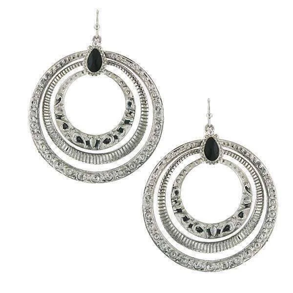 ladies earrings for bold fashion -2028 Jewelry Concentric Ring Jet Black Enamel Stone Hoop Earrings