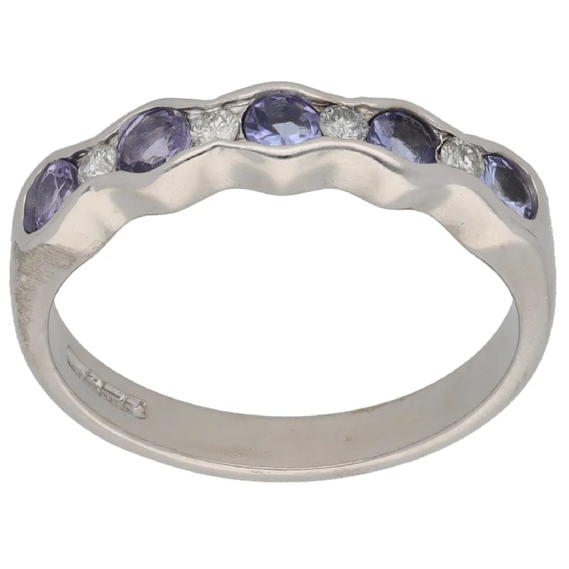 ladies engagement rings with milgrain edge -9ct White Gold Tanzanite & 0.04ct Diamond Half Eternity Ring Size N