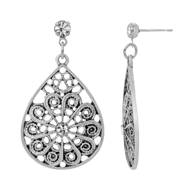 ladies earrings floral design -1928 Jewelry Swirly Filigree Crystal Post Drop Earrings