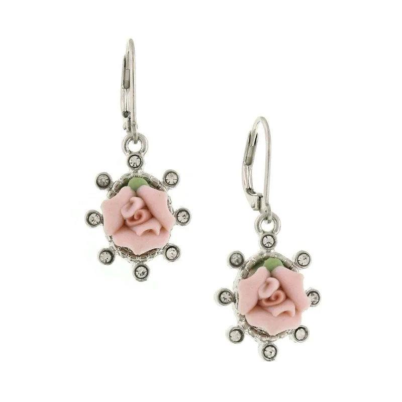 ladies earrings with arrow design -1928 Jewelry Pink Porcelain Rose And Round Crystal Drop Earrings