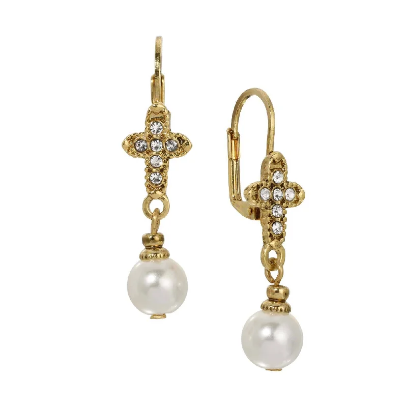 ladies earrings for daily use -Symbols Of Faith Crystal Cross Faux Pearl Elegance Dangling Earrings