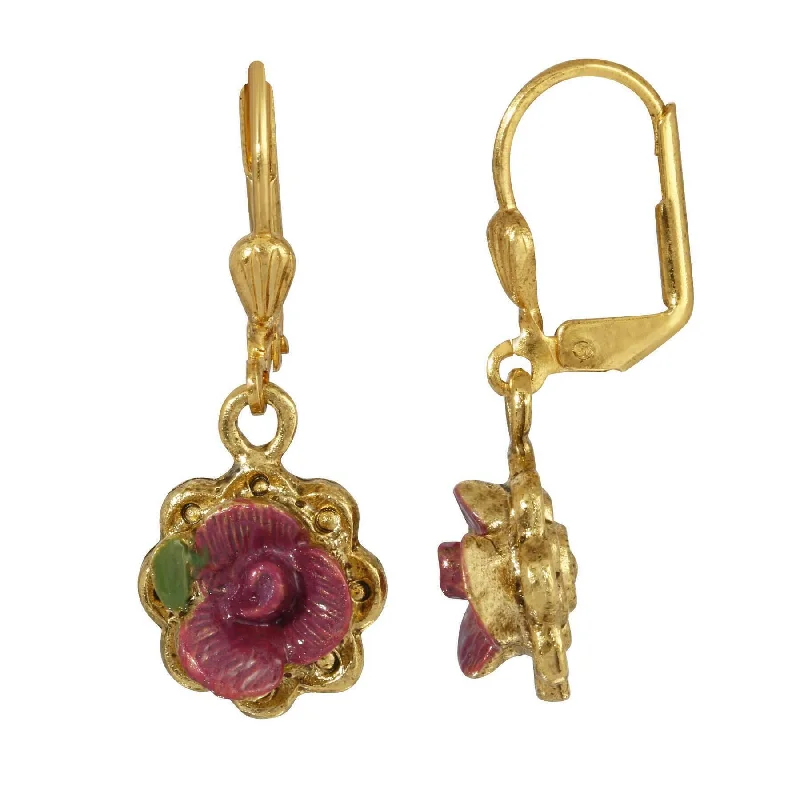 ladies earrings for vintage lovers -1928 Jewelry Antiqued Pink Rose Hand Enameled Flower Drop Earrings