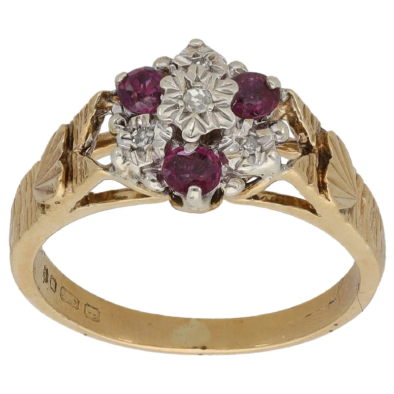 ladies engagement rings with topaz blue -9ct Gold Ruby & 0.035ct Diamond Cluster Ring Size N