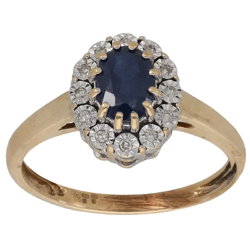 ladies engagement rings vintage inspired -9ct Gold Sapphire & 0.06ct Diamond Dress/Cocktail Ring Size N