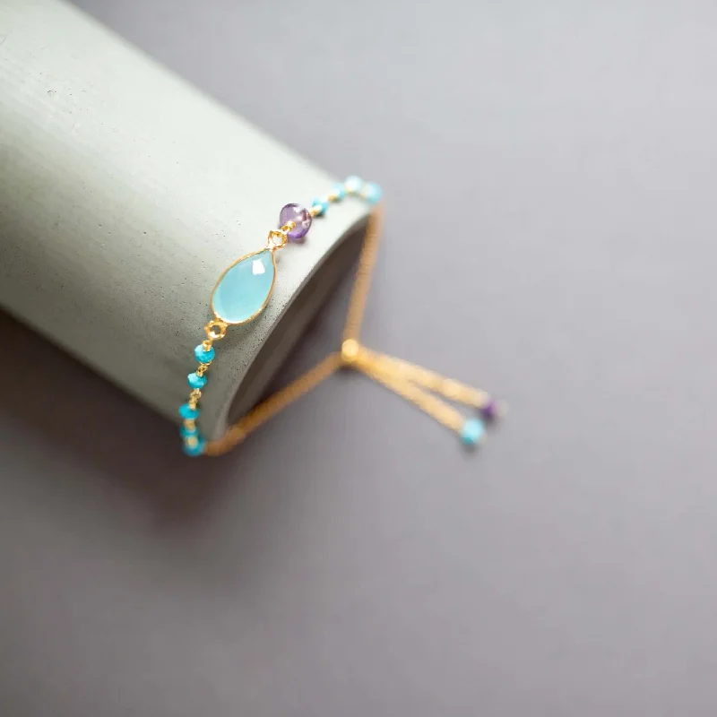 bracelets with rainbow gems -Aqua Blue Chalcedony Adjustable Gemstone Bracelet - Gold