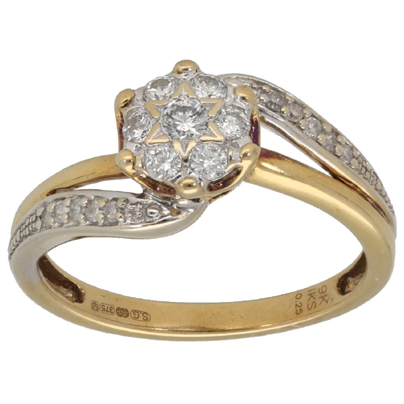 ladies engagement rings with halo setting -9ct Gold 0.27ct Diamond Diamond Cluster Ring Size K