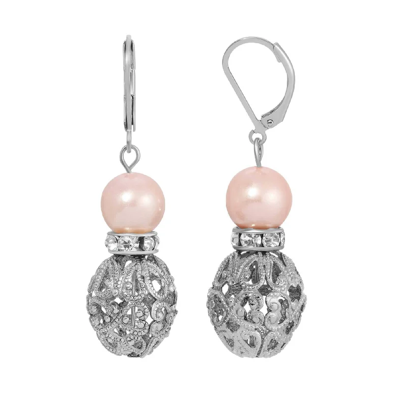 ladies earrings for bold fashion -1928 Jewelry Rosabella Light Pink Faux Pearl Filigree Puff Bead  Drop Earrings