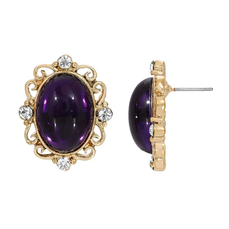 ladies earrings with pearl drops -1928 Jewelry Oval Amethyst Purple Stone Crystal Button Earrings