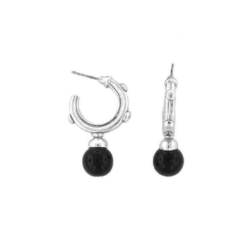 ladies earrings with black onyx -Antiquities Couture Black Drop Hoop Earrings