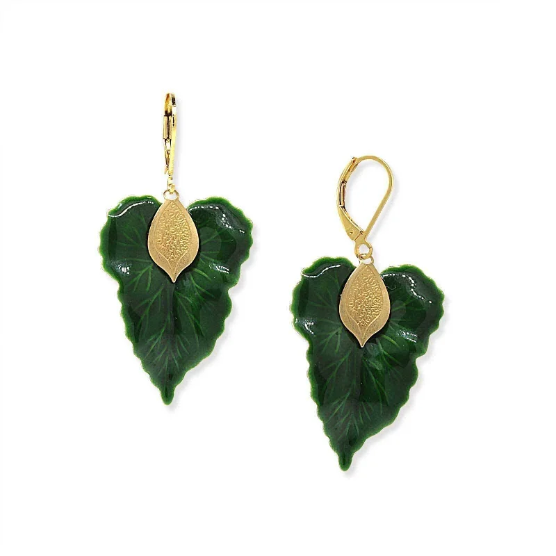 ladies earrings gold hoop design -1928 Jewelry Green Enamel Leaf Lever Back Earrings