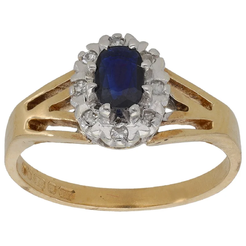 ladies engagement rings with halo setting -9ct Gold Sapphire & 0.08ct Diamond Cluster Ring Size N