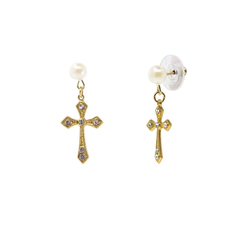 ladies earrings with feather charm -Symbols Of Faith Crystal Cross Stud Drop Earrings