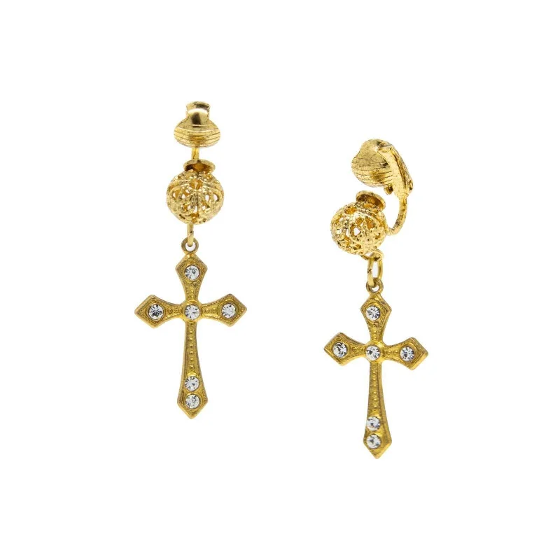 ladies earrings with gemstone sparkle -Symbols Of Faith Crystal Cross Filigree Puff Ball Clip On Earrings