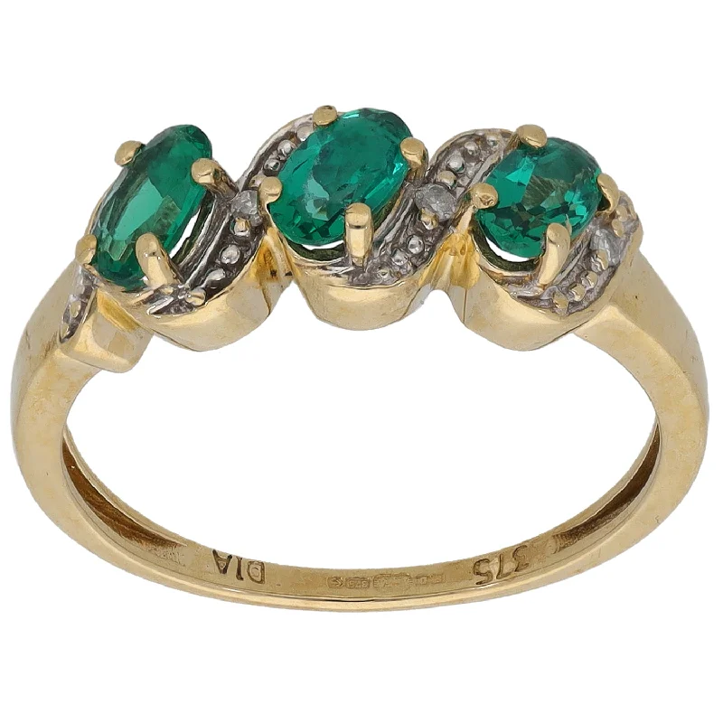 ladies engagement rings oval shaped ring -9ct Gold Man Made Emerald & 0.02ct Diamond Dress/Cocktail Ring Size L