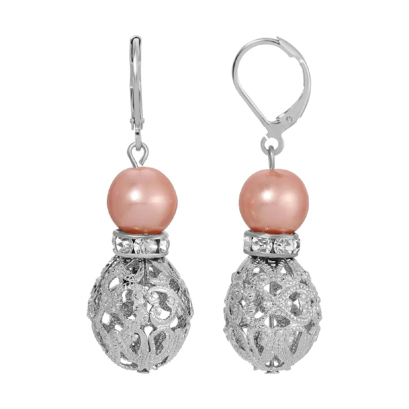 ladies earrings for beach wear -1928 Jewelry Rosabella Raspberry Faux Pearl Filigree Puff Bead Drop Earrings