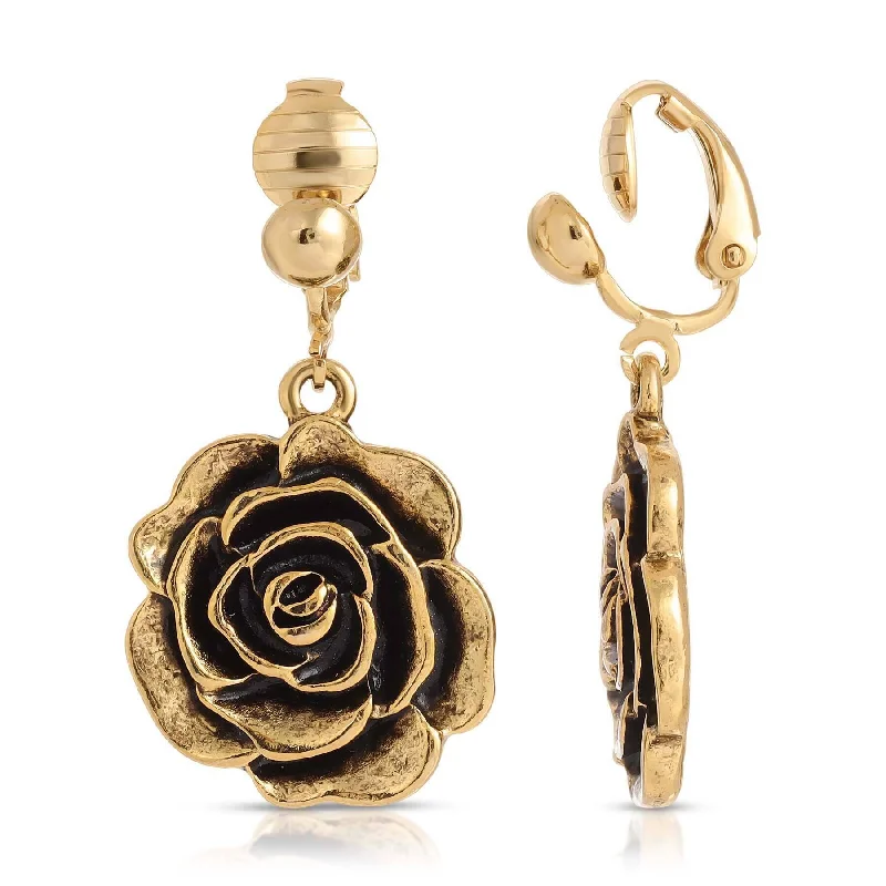 ladies earrings with gold plating -1928 Jewelry Rose Clip On Earrings