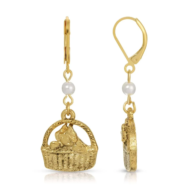 ladies earrings modern sleek -1928 Jewelry Faux Pearl Gold Cat In Handbasket Dangling Earrings