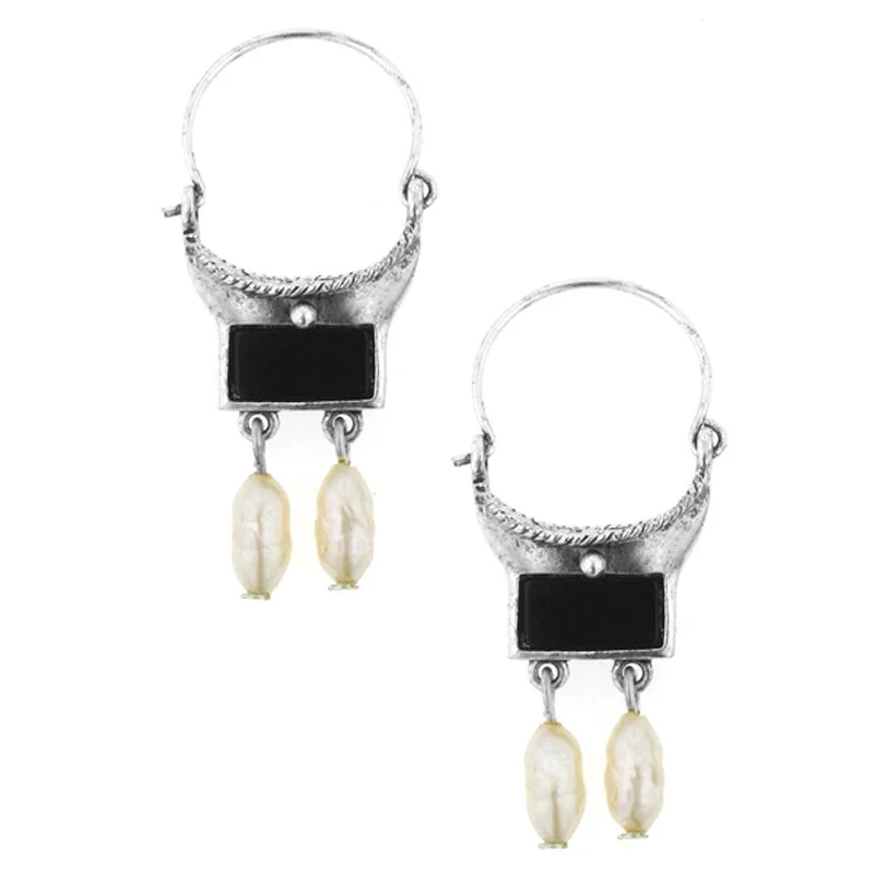 ladies earrings silver drop style -Antiquities Couture Venice Gondola Black Onyx Gemstone And Faux Pearl Hoop Drop Earrings