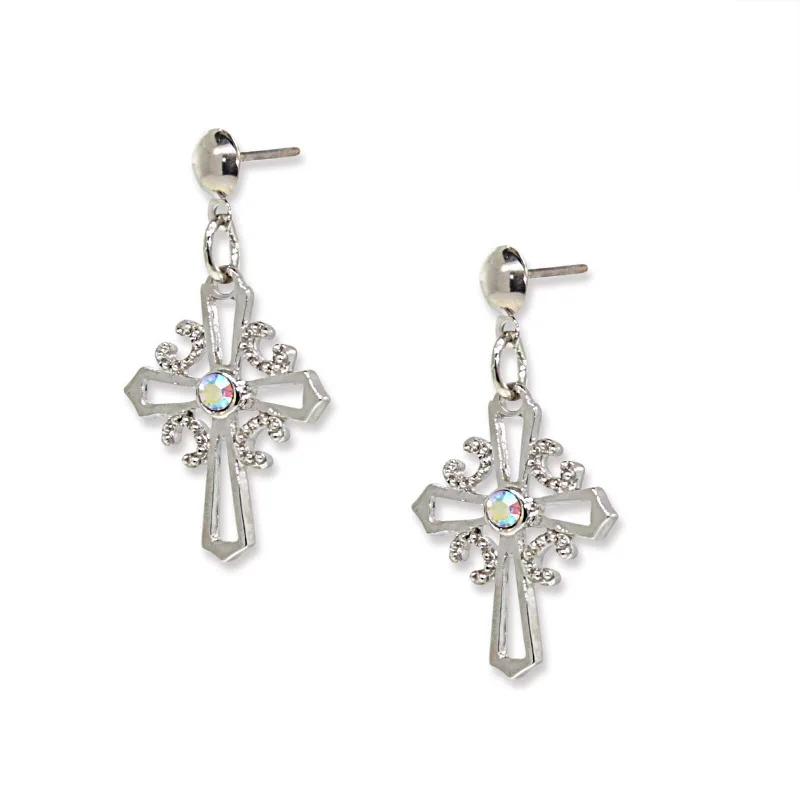 ladies earrings clip on design -Symbols Of Faith AB Crystal Cross Post Drop Earrings