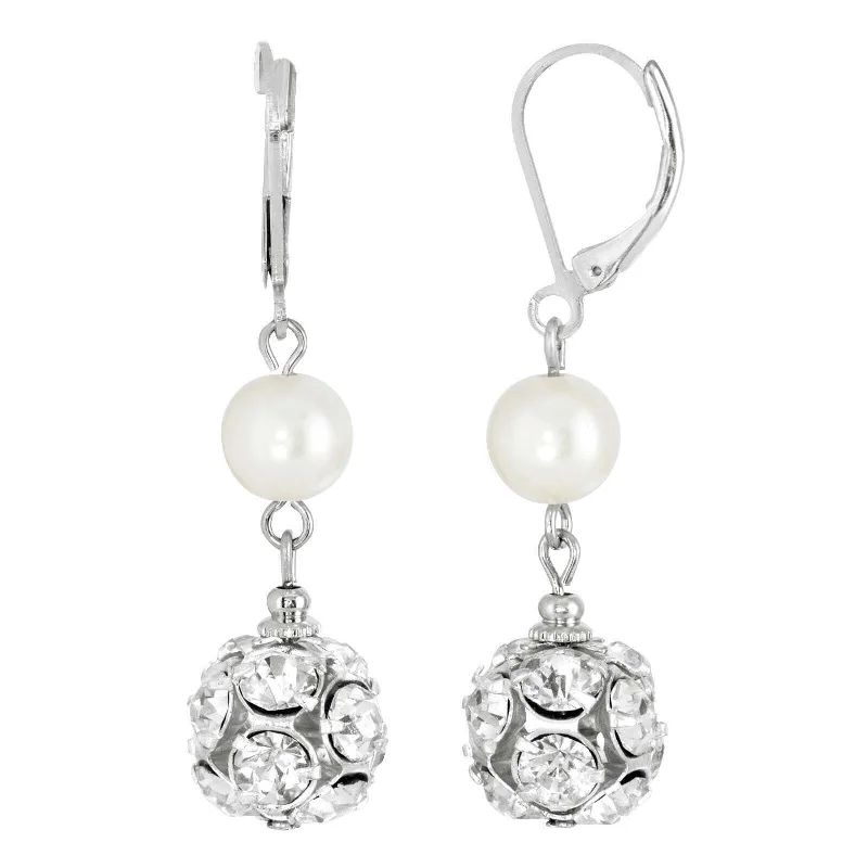 ladies earrings for young women -1928 Jewelry Crystal Clear Fireball White Faux Pearl Drop Earrings