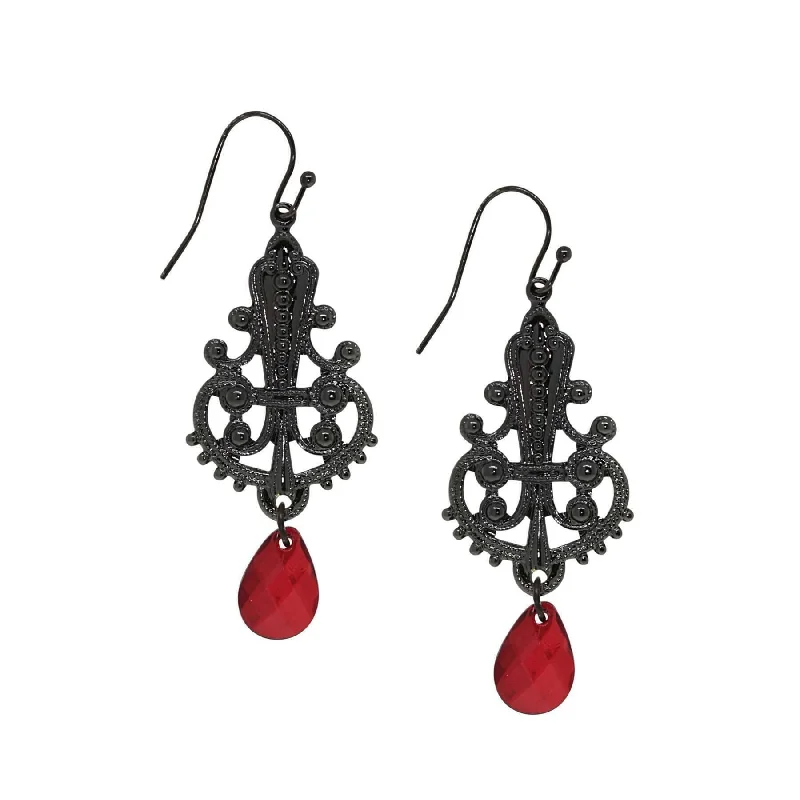 ladies earrings with diamond studs -1928 Jewelry Black Royal Filigree Ornamental Red Briolette Drop