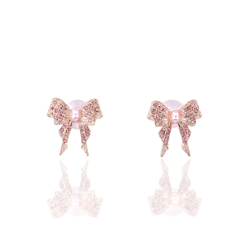 ladies earrings boho chic style -Diamonique Bow Double Studs - Pink